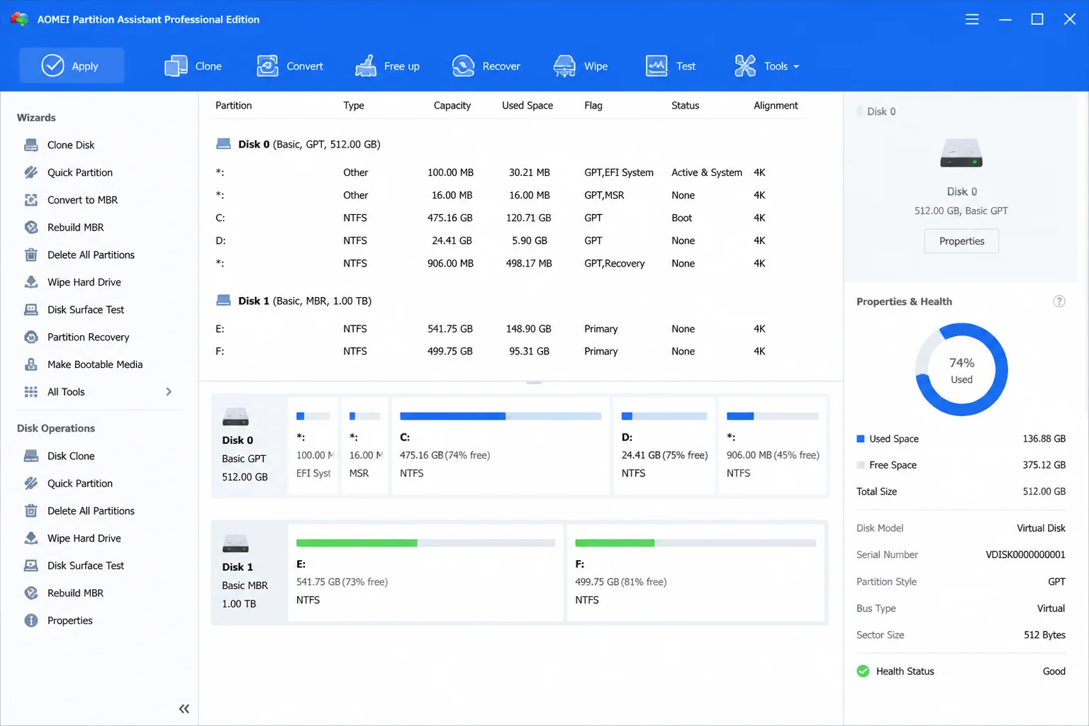 AOMEI Partition Assistant Standard main interface showing disk layout map and partition list with operations panel on the