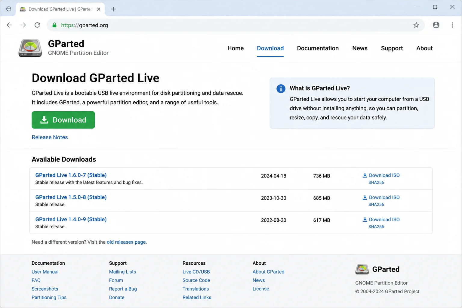 GParted official website (gparted.org) showing download page for the GParted Live USB image