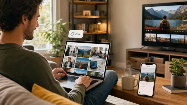 Man lounging on a sofa, scrolling a photo grid on a laptop while a phone shows a photo post and a TV plays a scenic video in the background. - 7-awesome-free-stock-photo-sites-featured