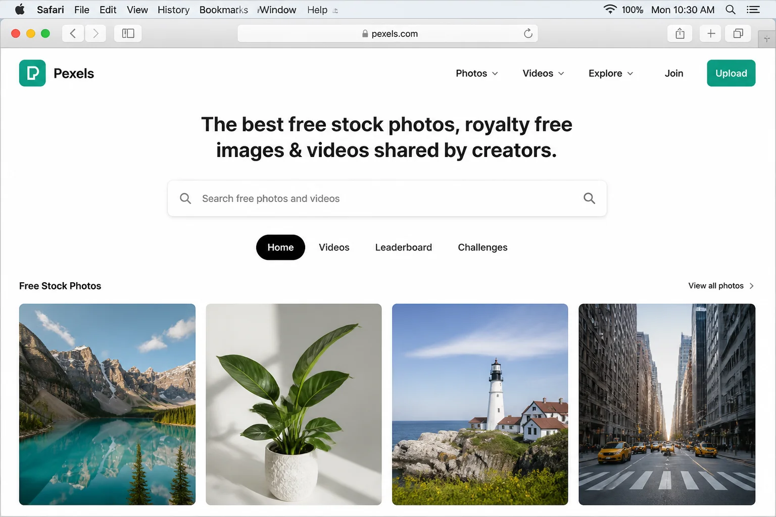 Pexels homepage showing the main search bar and featured free stock photos