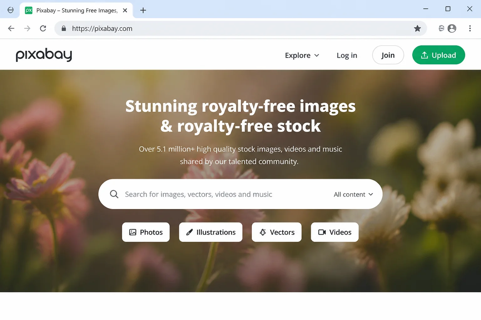 Pixabay homepage with search bar and content type filter options including photos, illustrations, vectors, and video