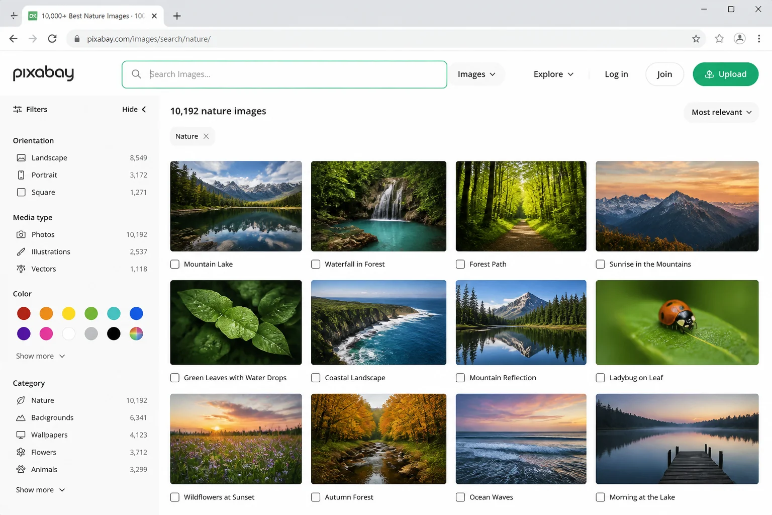 Pixabay search results page with filter sidebar showing orientation, media type, color, and category options