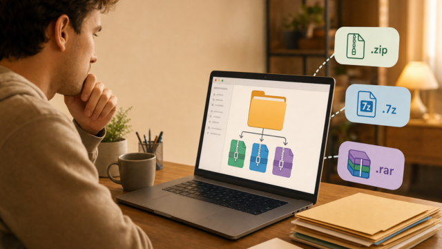Person at a desk looking at a laptop screen showing a folder diagram that splits into zipped archives (.zip, .7z, .rar). - 7-zip-vs-winzip-vs-winrar-featured