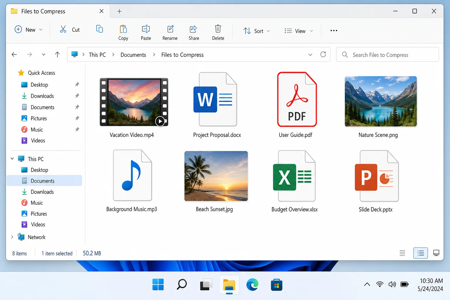 Windows 11 File Explorer showing a folder of mixed file types including videos, images, documents, and audio files before compression