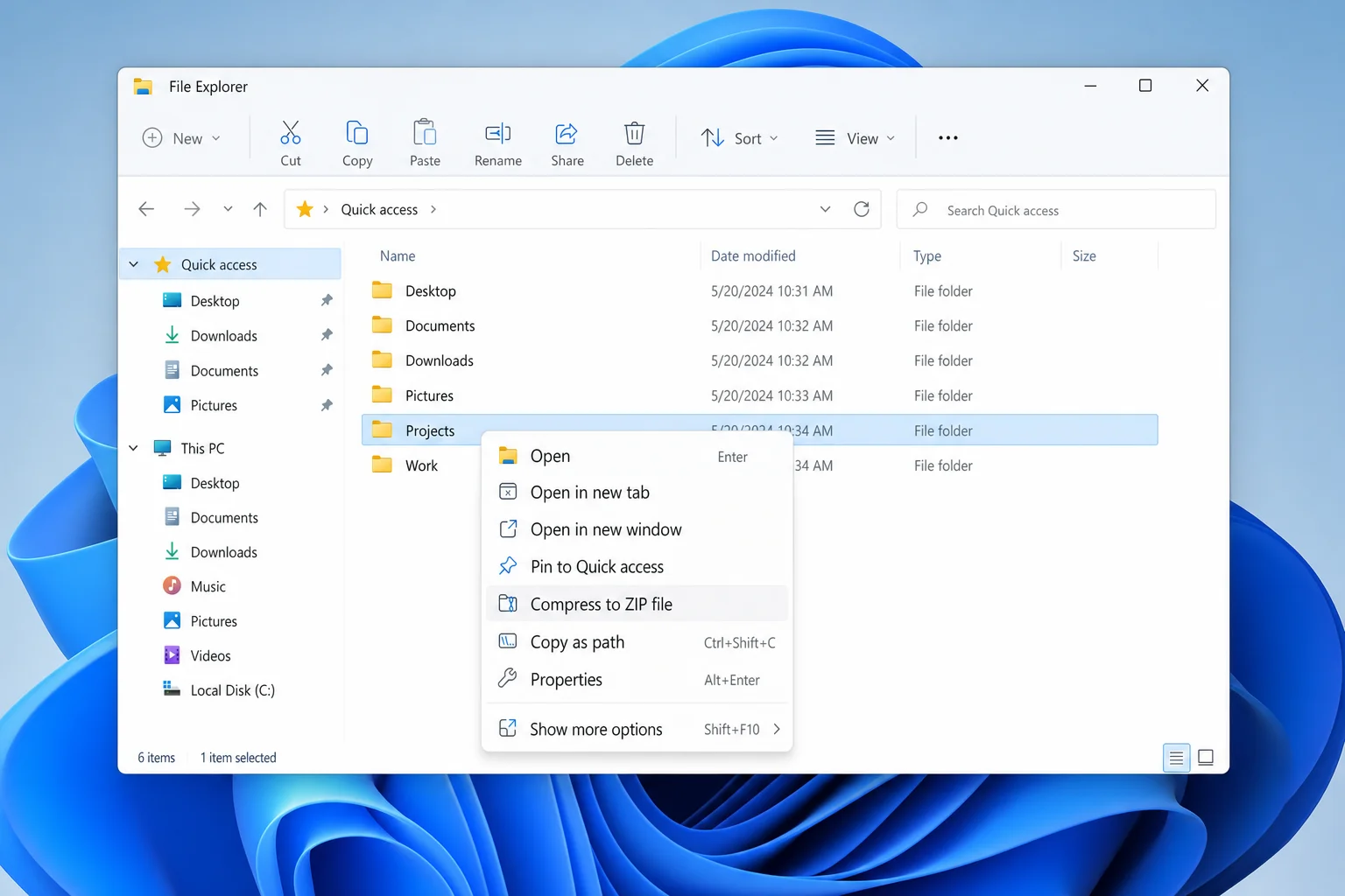 Windows 11 right-click context menu on a folder showing Compress to ZIP file option and Show more options