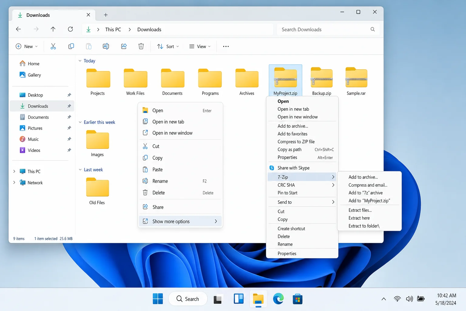 Windows 11 right-click context menu showing Show more options expanded to reveal 7-Zip submenu with Add to archive option