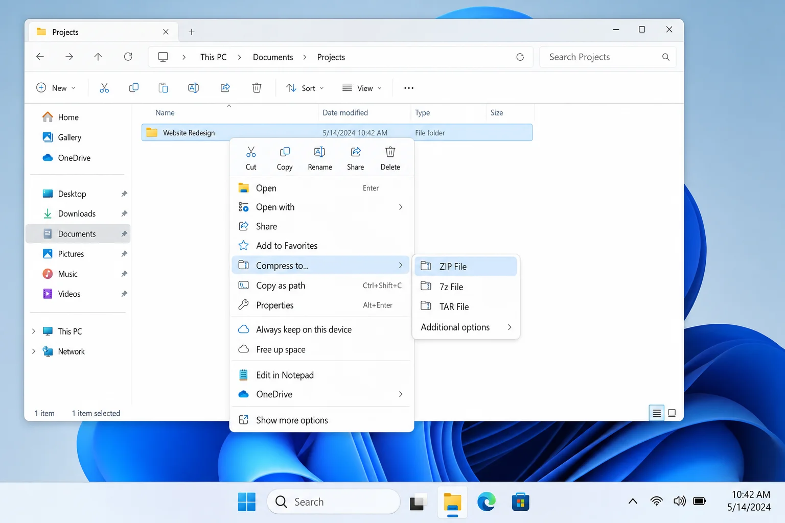 Windows 11 right-click context menu with Compress to ZIP file option highlighted