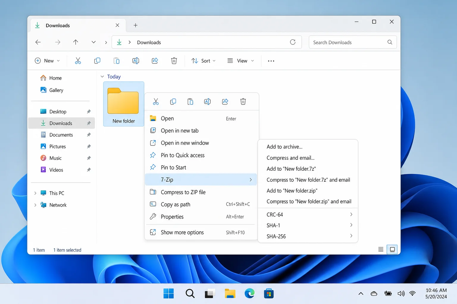 Windows 11 extended right-click context menu showing 7-Zip submenu options including Add to archive