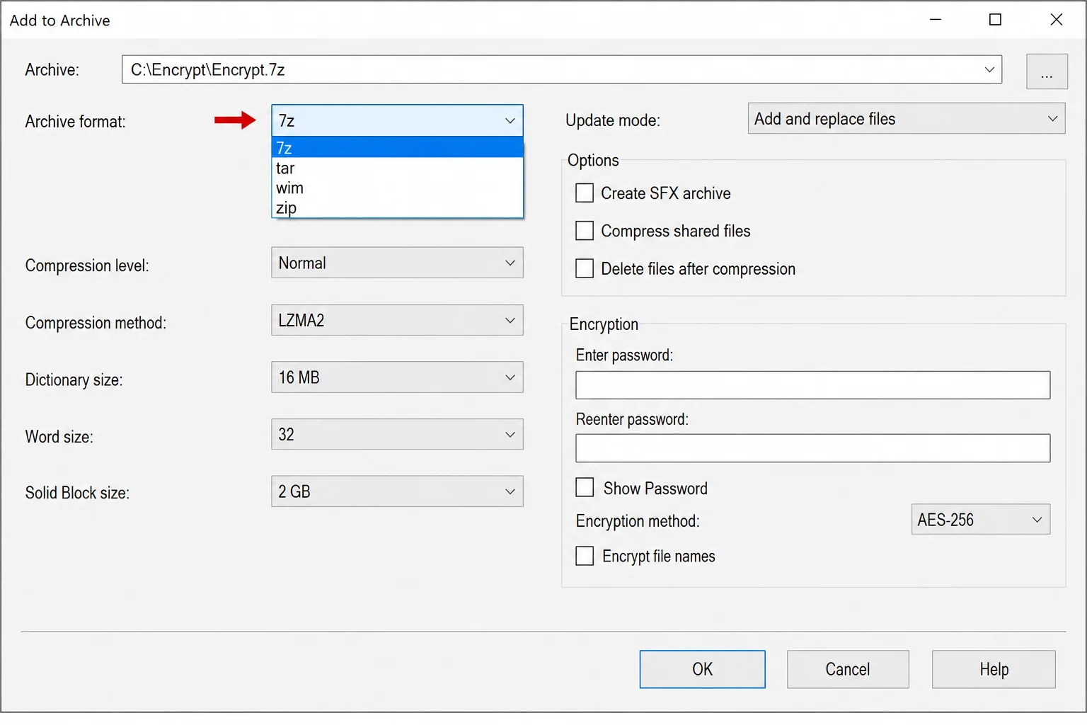 7-Zip Add to Archive dialog box showing archive format dropdown set to 7z and compression level options