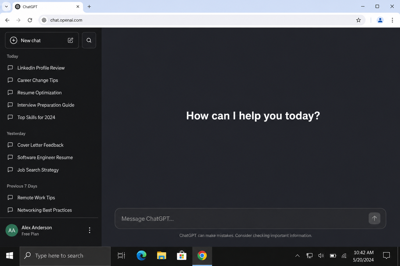 ChatGPT new conversation interface showing the message input field at the bottom of an empty conversation, with the left sidebar showing conversation history and a New Chat button