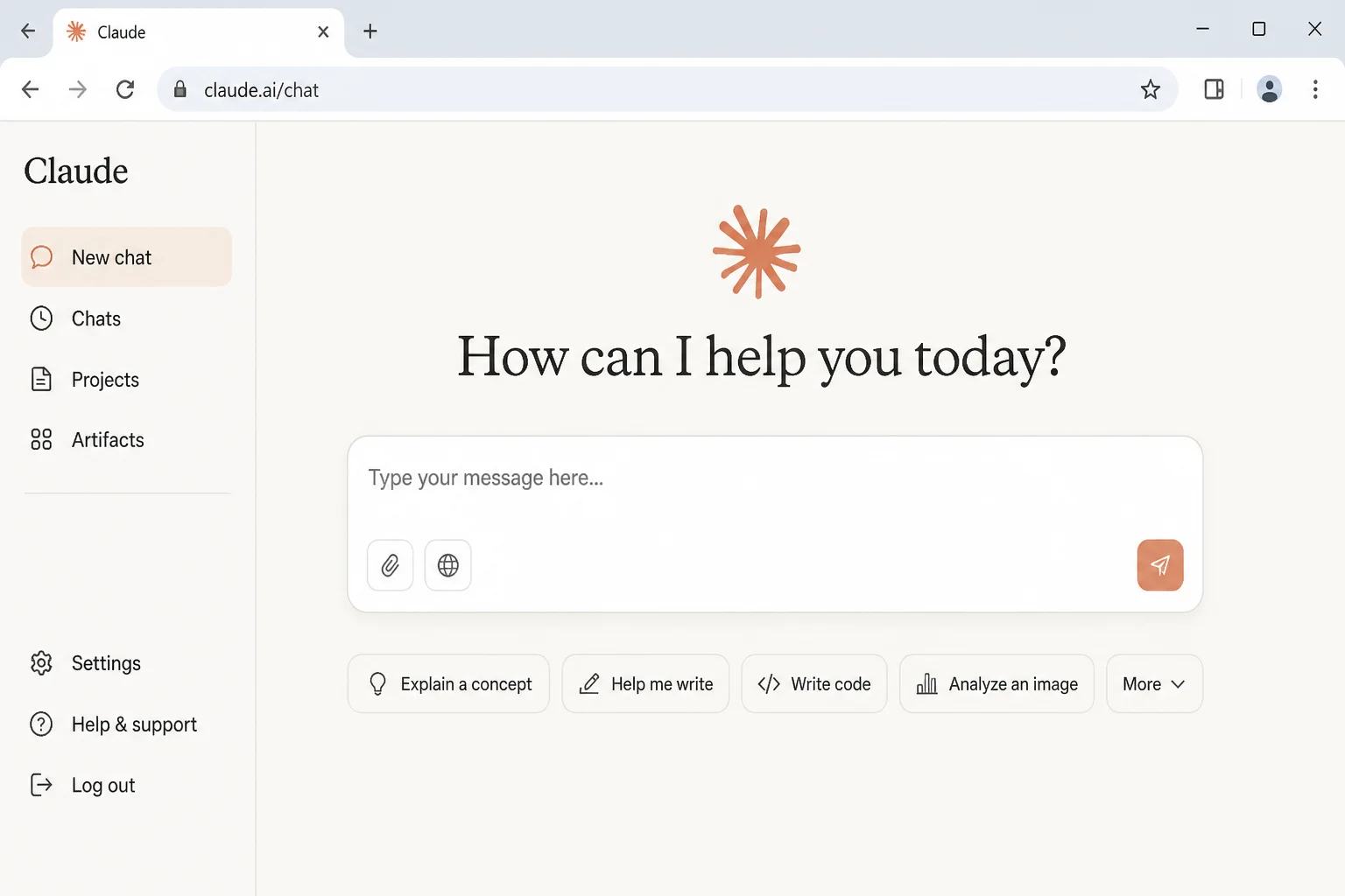 Claude new conversation interface showing the empty conversation state with the message input area visible