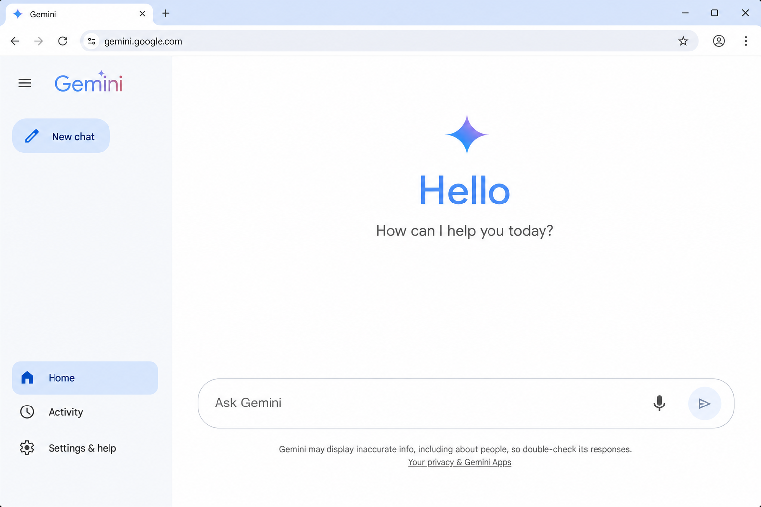 Google Gemini conversation interface showing the prompt input field in a new empty conversation