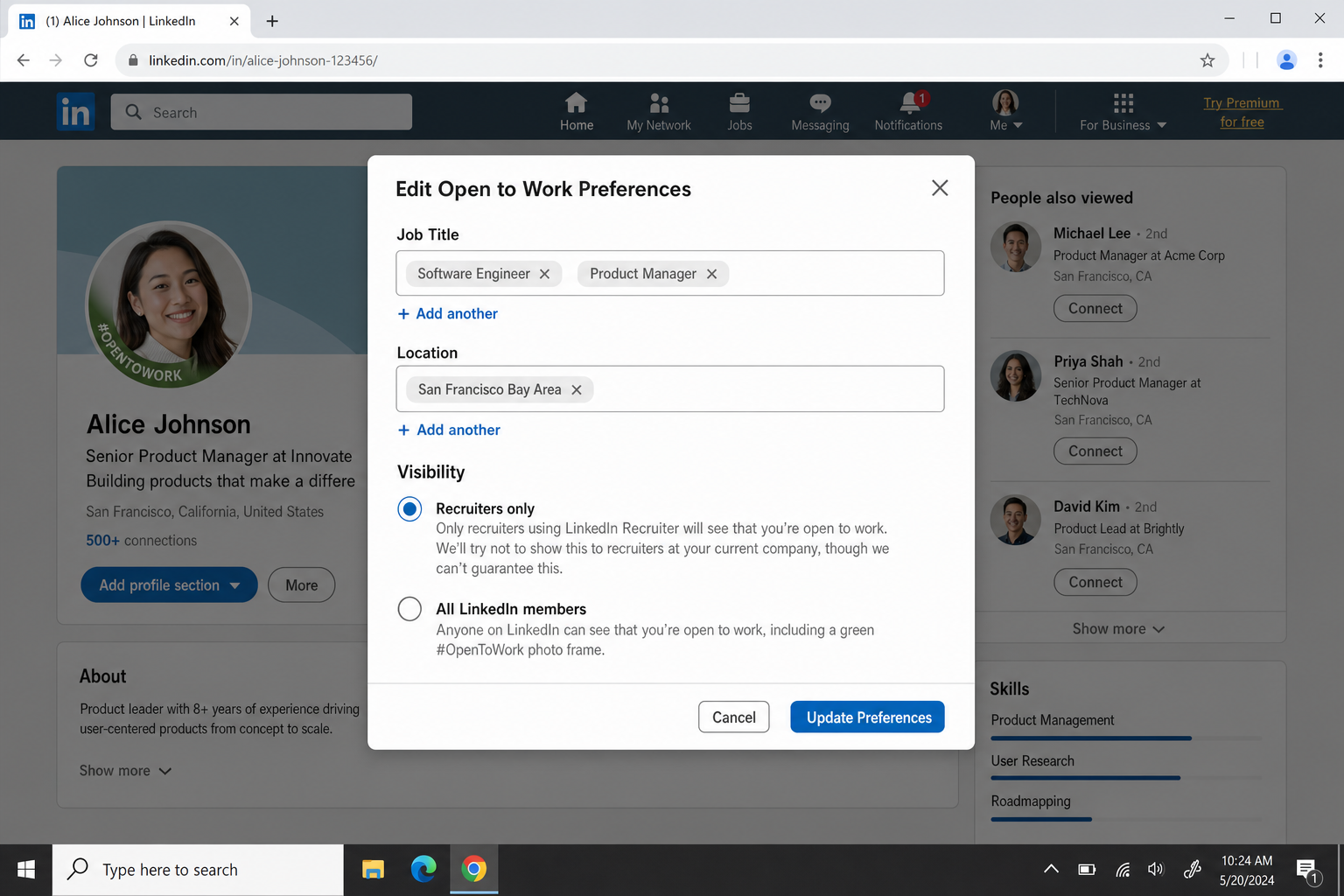 LinkedIn Open to Work preferences panel showing the job titles input field and the visibility toggle between All LinkedIn members and Recruiters only