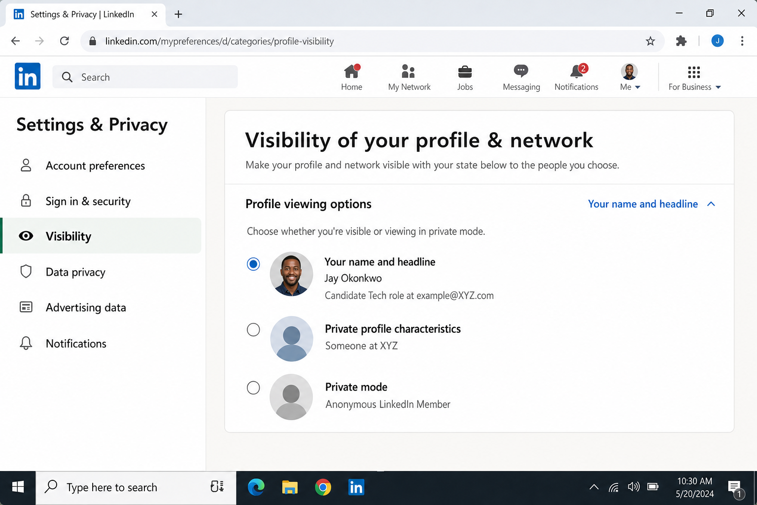 LinkedIn Settings and Privacy Visibility section showing profile viewing options where users can set their name and headline to be visible to others
