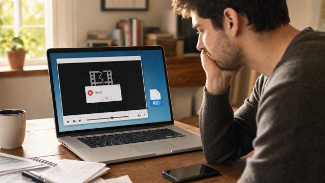 Man at a desk looks at a laptop screen displaying a video player with an error dialog and an AVI file icon nearby on the desktop. - cannot-play-avi-files-featured