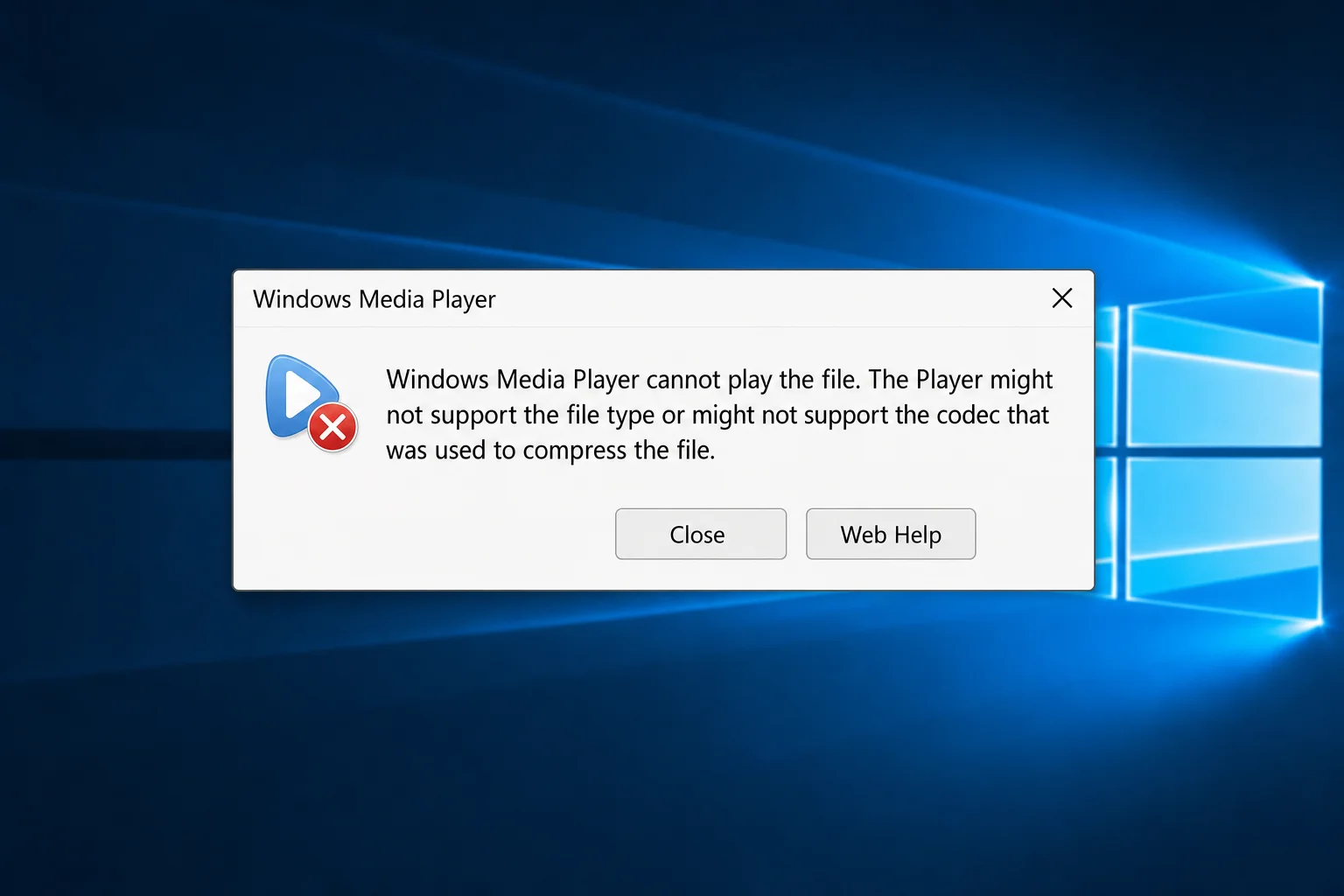 Windows Media Player showing "Windows Media Player cannot play the file" error message for an AVI file