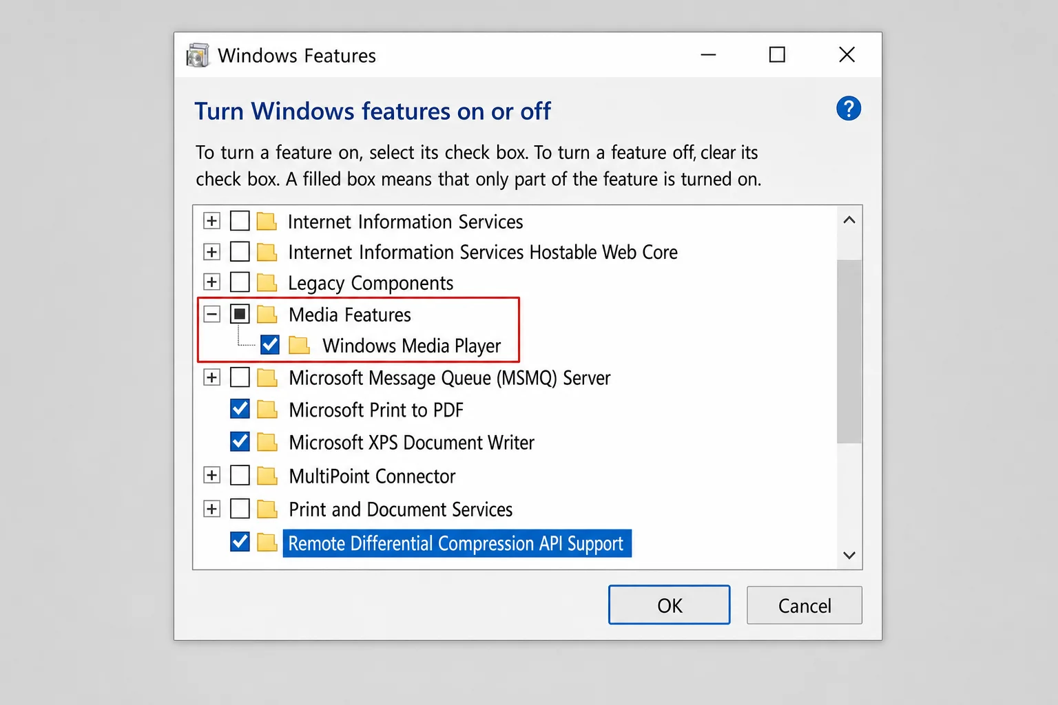Windows Features panel with Media Features expanded and Windows Media Player checkbox visible
