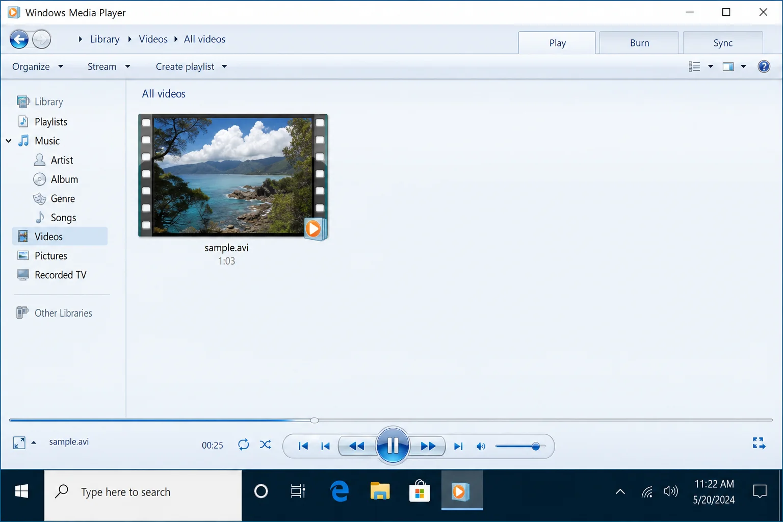 Windows Media Player 12 successfully playing an AVI file after codec pack installation on Windows 10