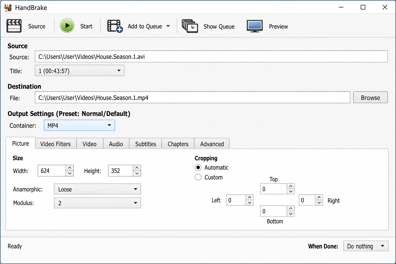 HandBrake with an AVI file loaded, showing MP4 output format selected and Start Encode button visible