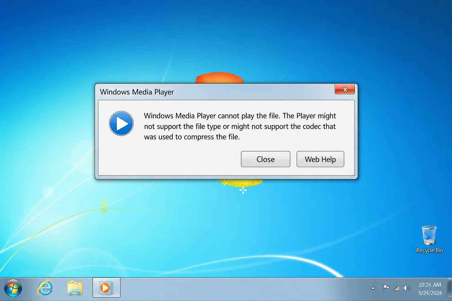 Windows Media Player showing error details dialog with codec information and Web Help button for an AVI file