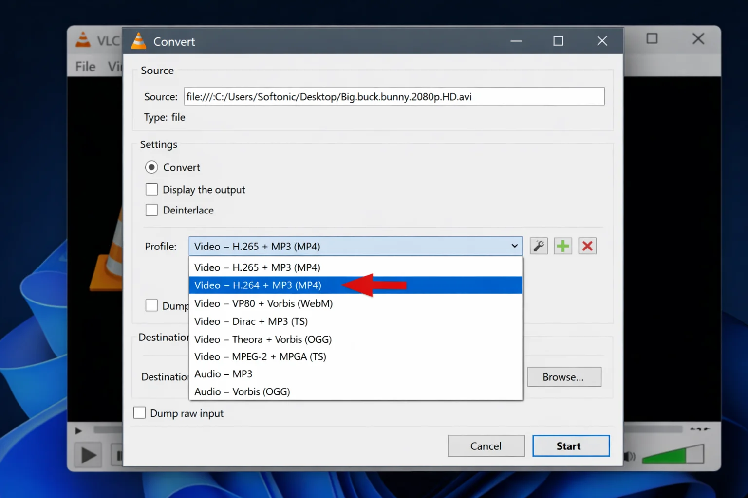 VLC Media > Convert/Save dialog with an AVI file added and H.264 + MP3 MP4 profile selected