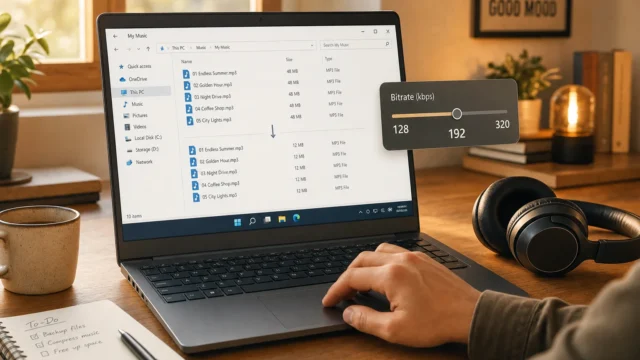 Laptop screen shows a music folder; bitrate slider set to 192 kbps, with headphones beside. - change-bitrate-on-mp3-files-tutorial-featured