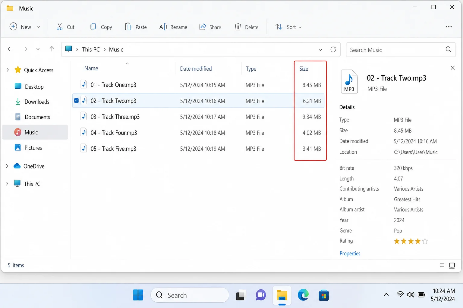 Windows 11 File Explorer showing a folder of MP3 files with file sizes visible in the details pane