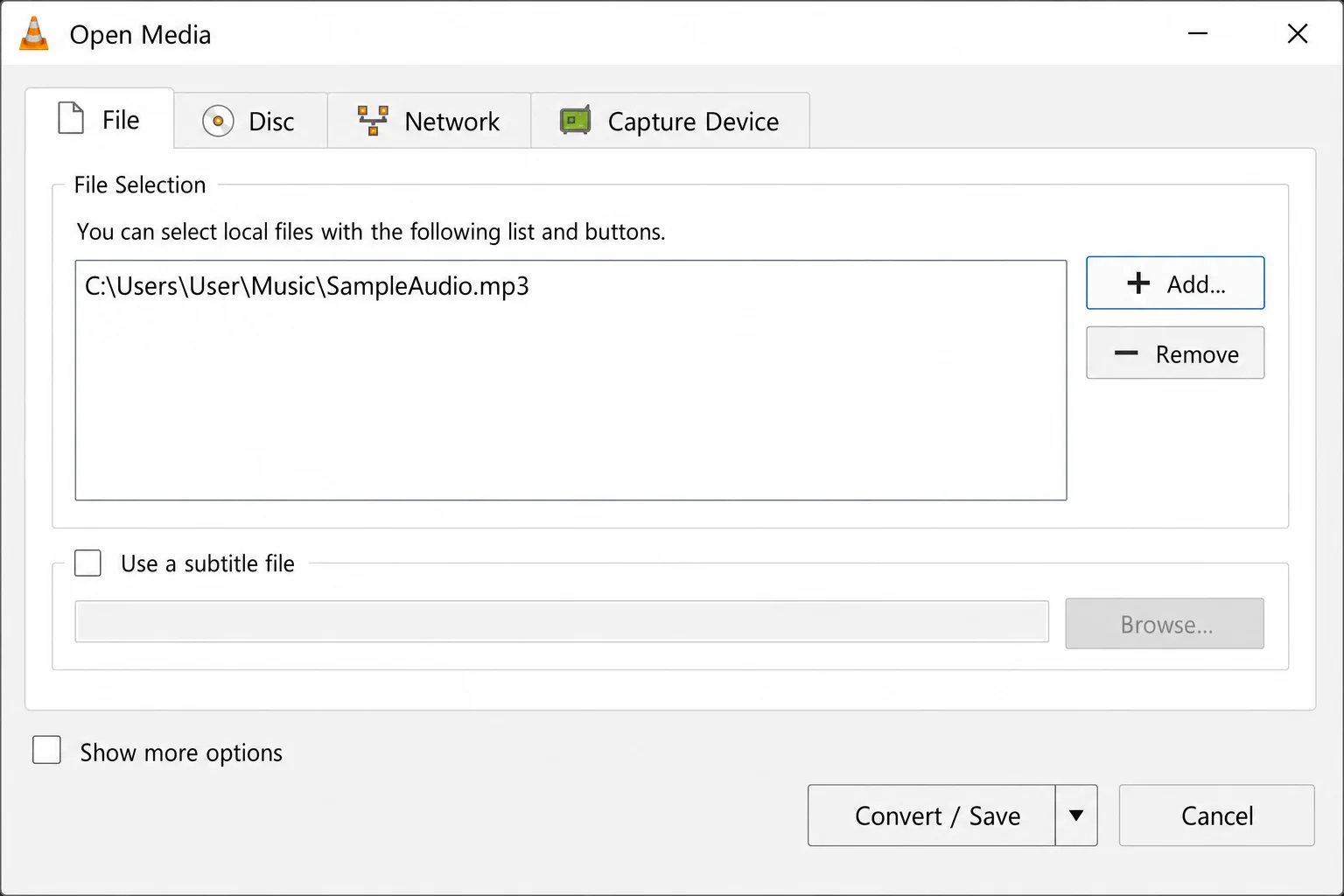 VLC Open Media dialog with an MP3 file added and the Convert / Save button visible