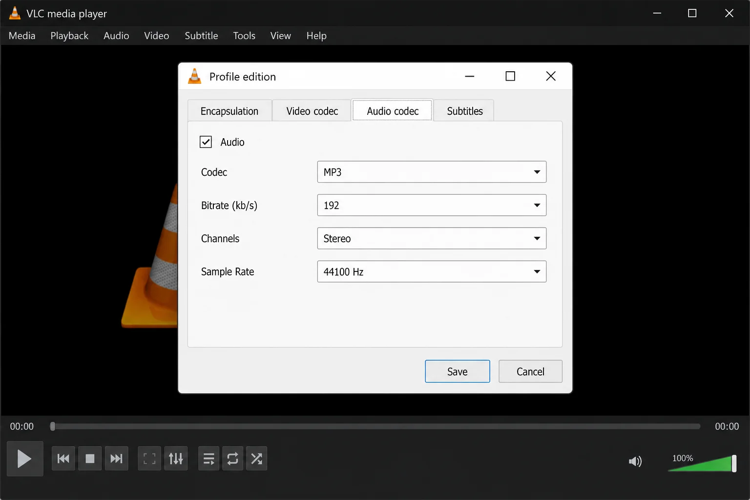 VLC Profile Editor showing Audio codec tab with MP3 selected and bitrate dropdown set to 192 kbps