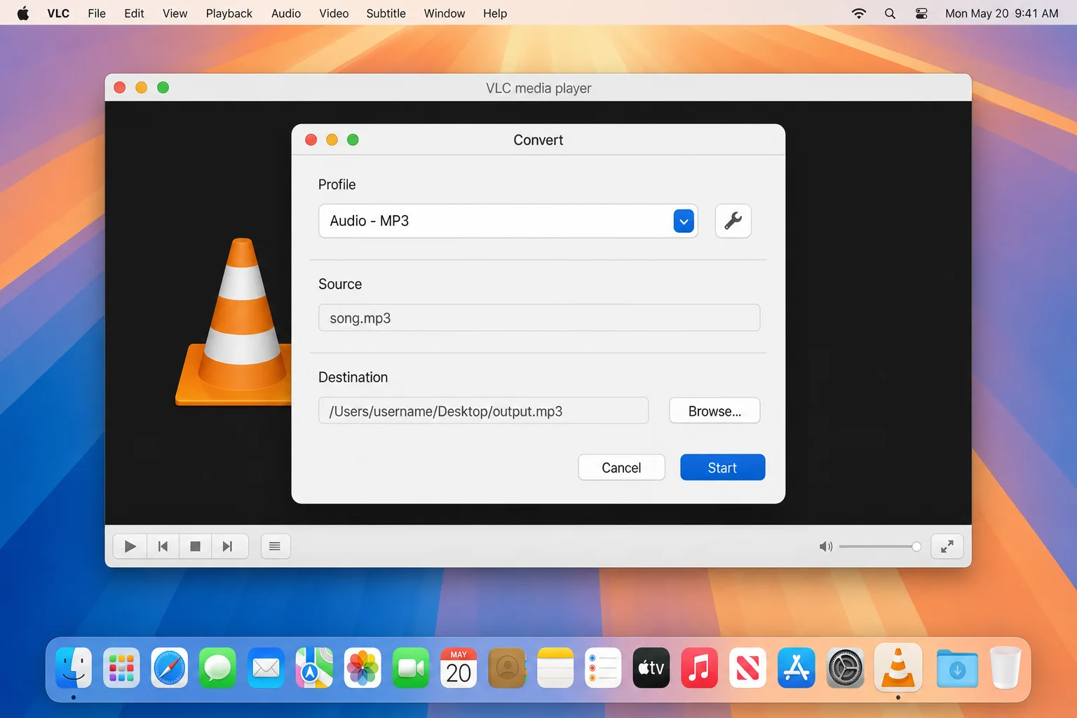 VLC on macOS Sequoia showing Convert dialog with destination file path set and Start button ready to click