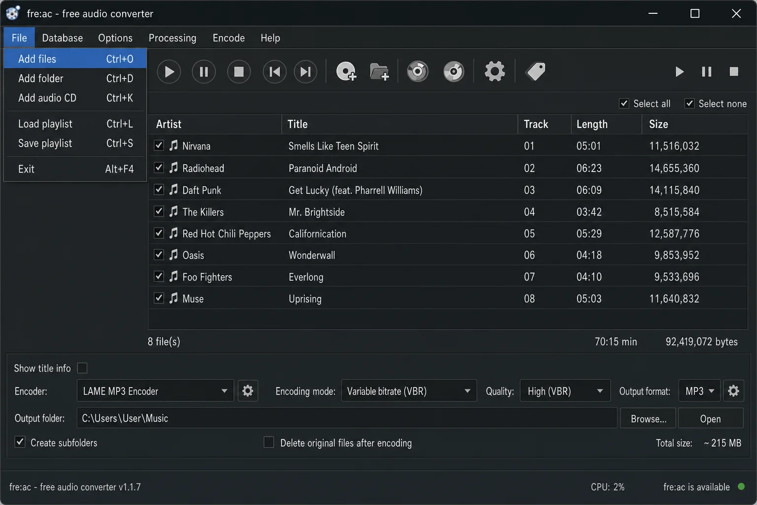 fre:ac main window with File menu open and Add files option highlighted