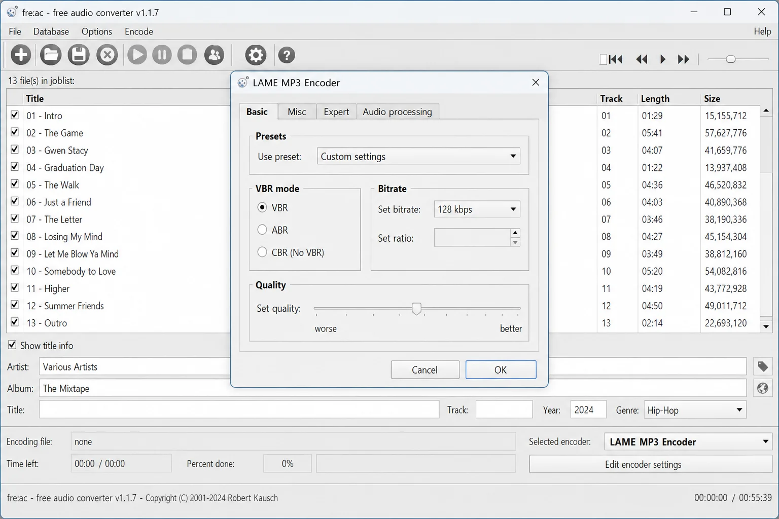 fre:ac encoder settings dialog showing LAME MP3 Encoder options with bitrate dropdown