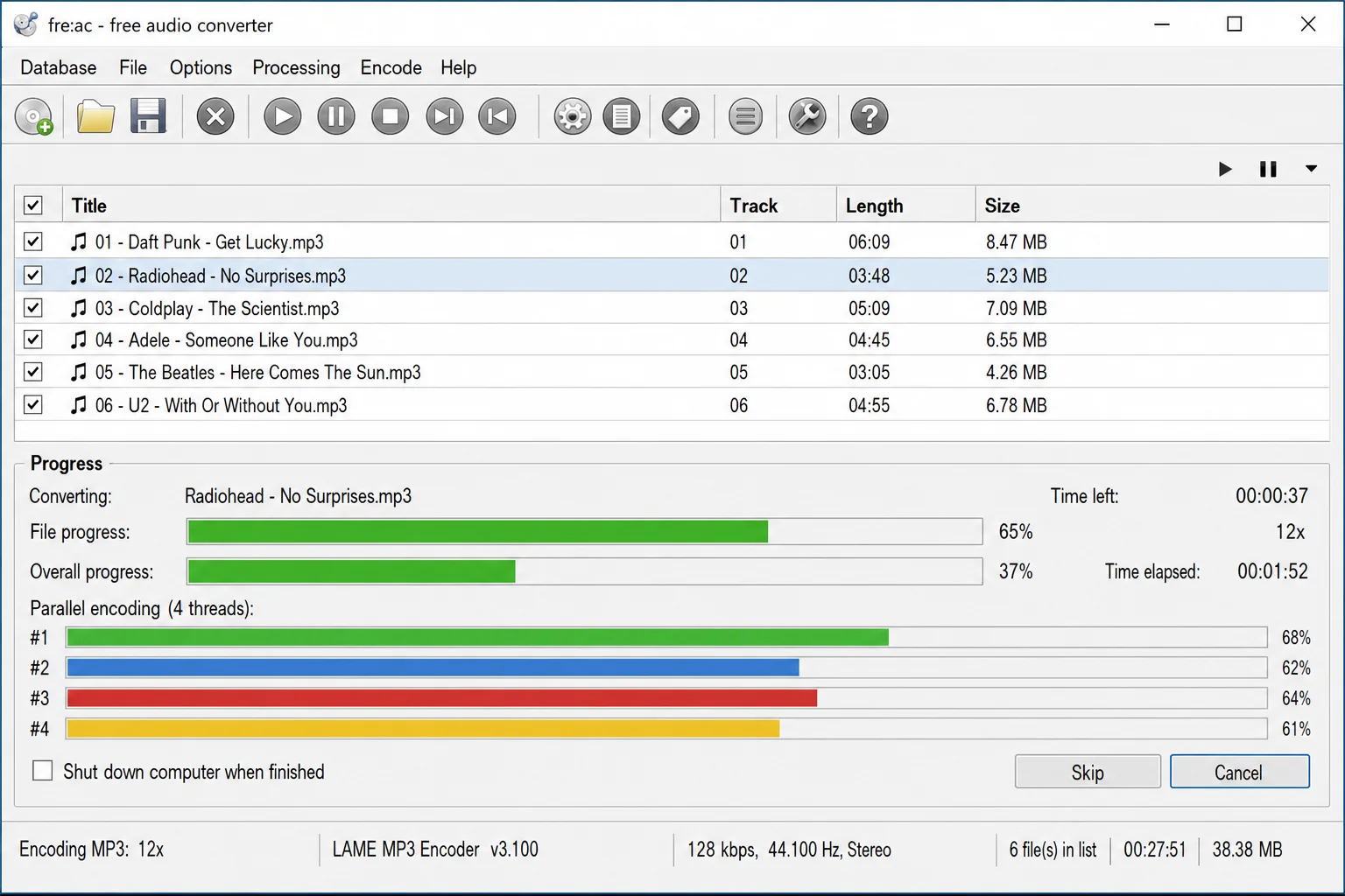 fre:ac main window showing conversion progress bar with files being encoded