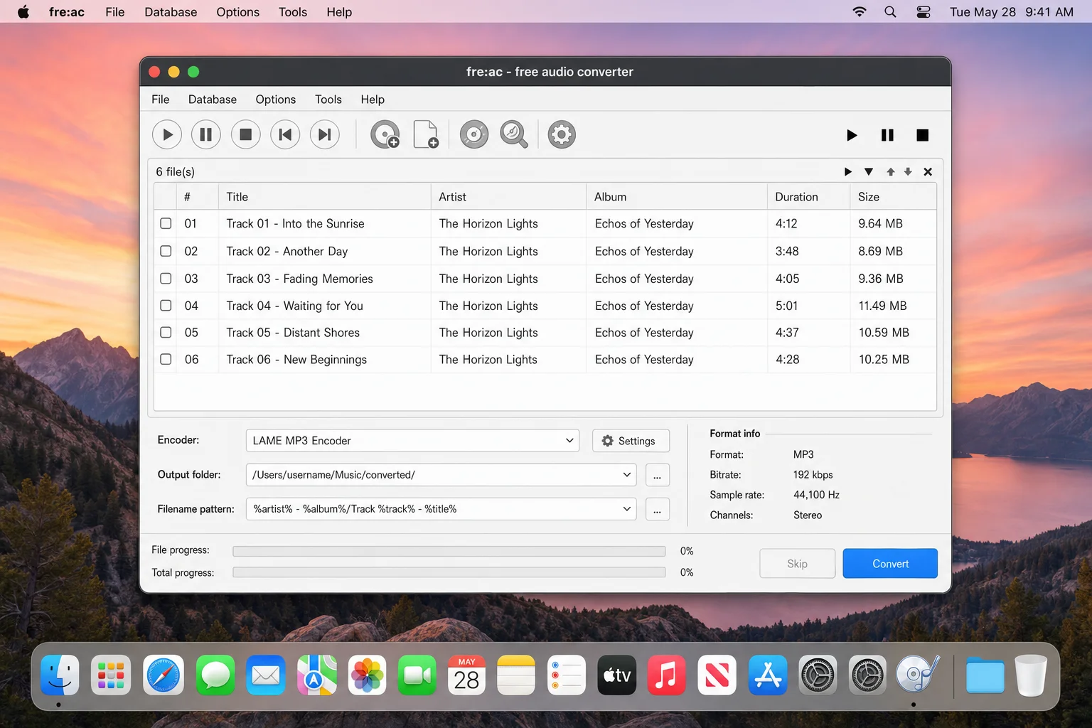 fre:ac on macOS Sequoia showing main window with LAME encoder selected and files queued for conversion