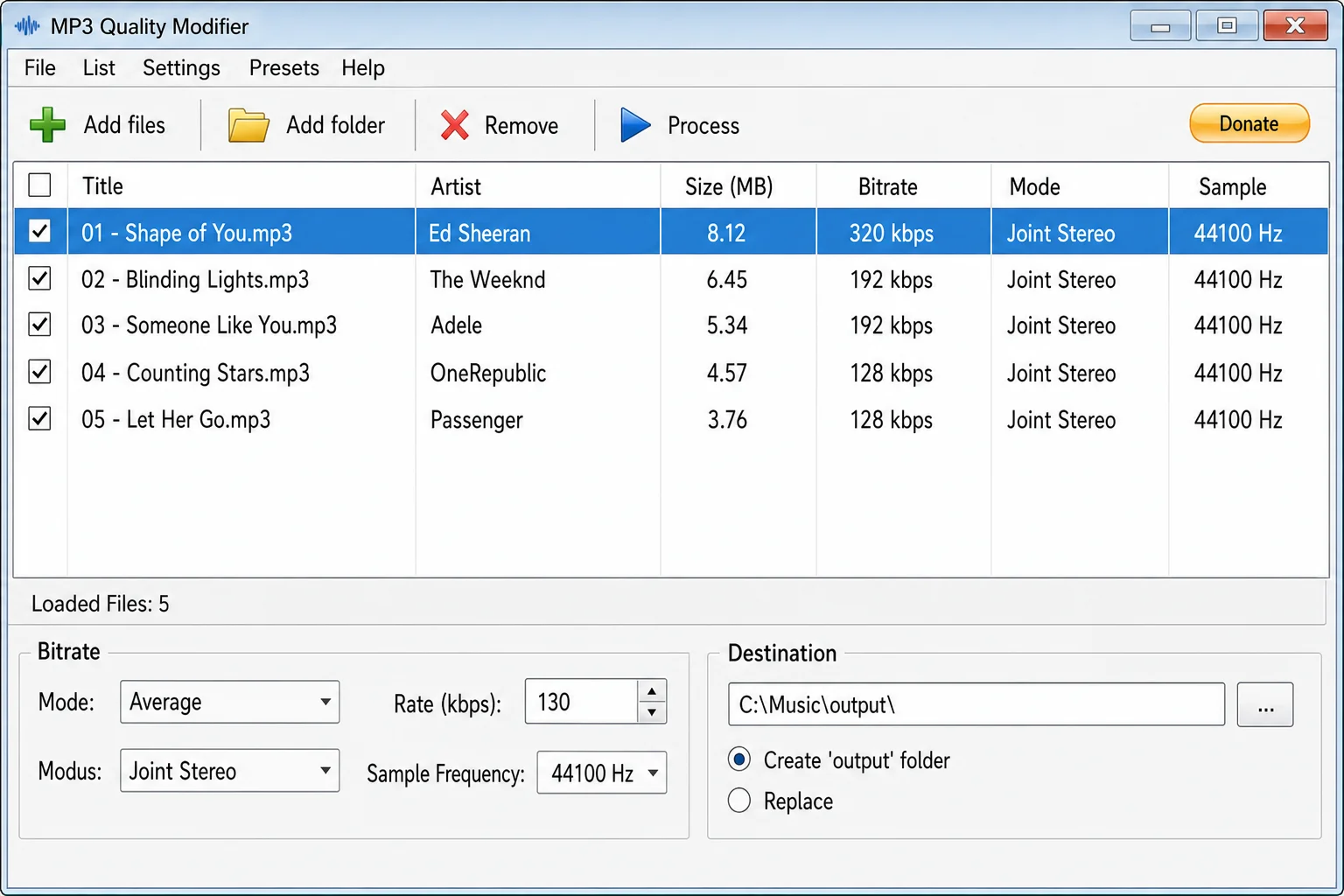 MP3 Quality Modifier main window showing file list with bitrate and file size columns