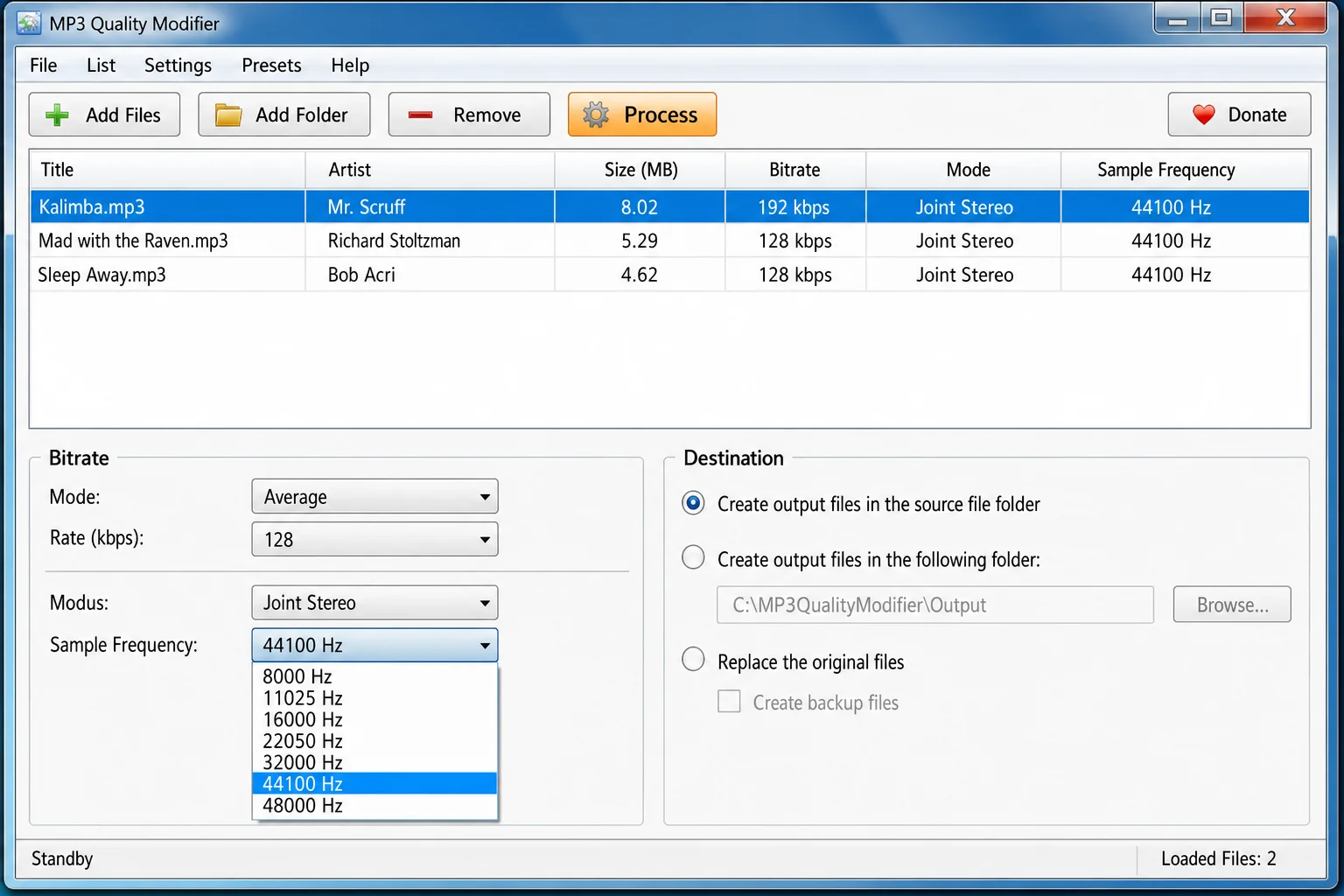 MP3 Quality Modifier showing loaded MP3 files with their current bitrate details in the file list