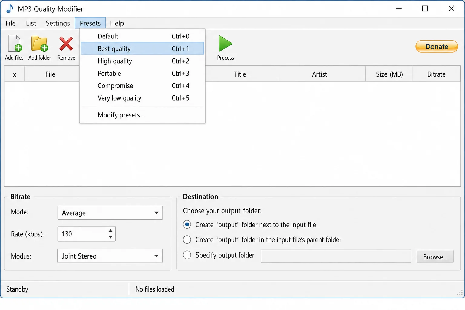 MP3 Quality Modifier Presets dropdown menu showing quality preset options including Best Quality, High Quality, and Portable