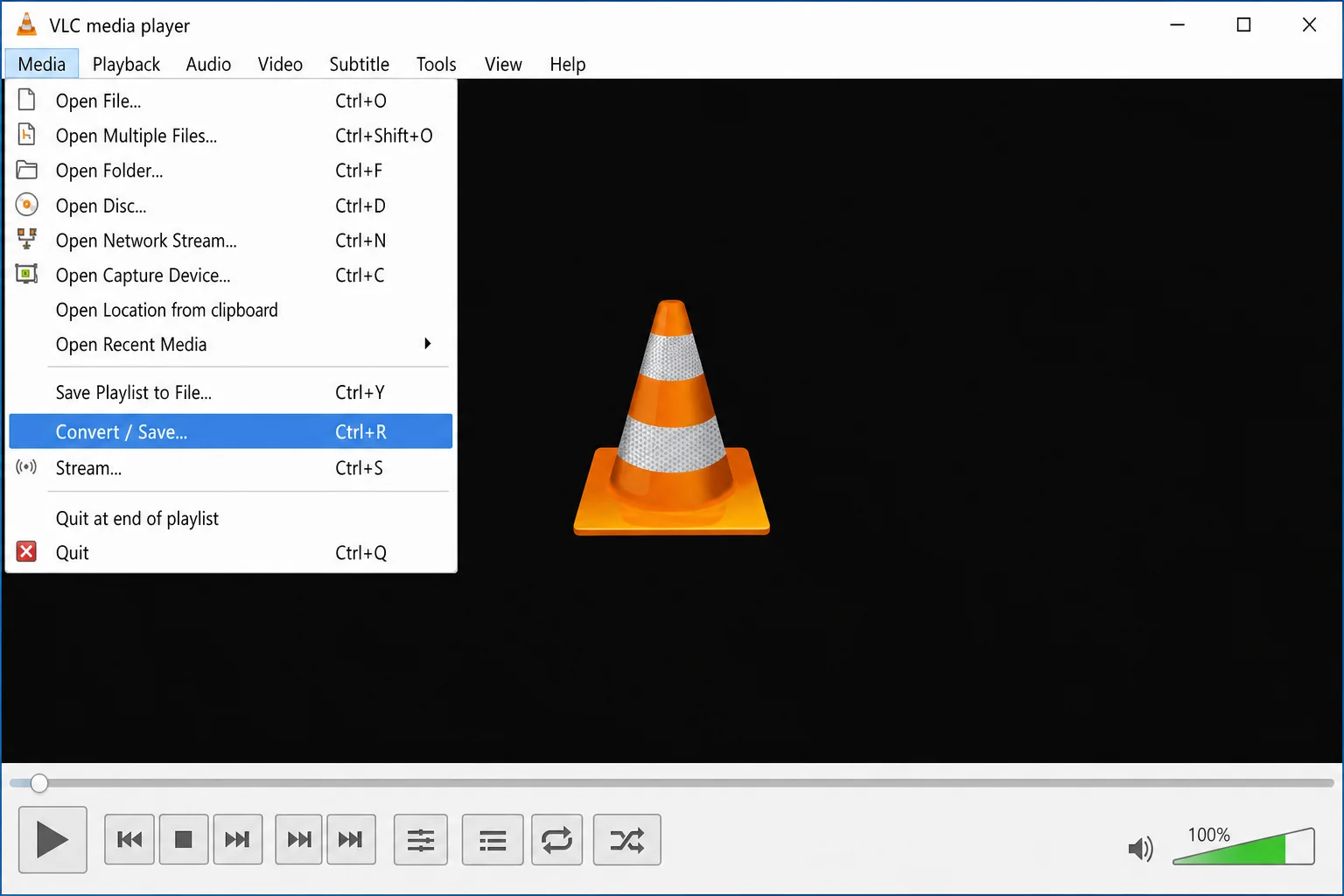 VLC Media Player with Media menu open and Convert / Save option highlighted