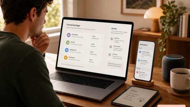 Person sits at a wooden desk examining a laptop screen showing a 'Connected Apps' settings panel, with a phone and tablet nearby on the desk. - check-google-facebook-connected-apps-featured