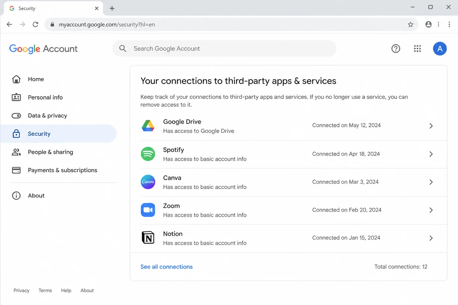 Google Account Security page scrolled to show the "Your connections to third-party apps & services" section with a link to view all connections
