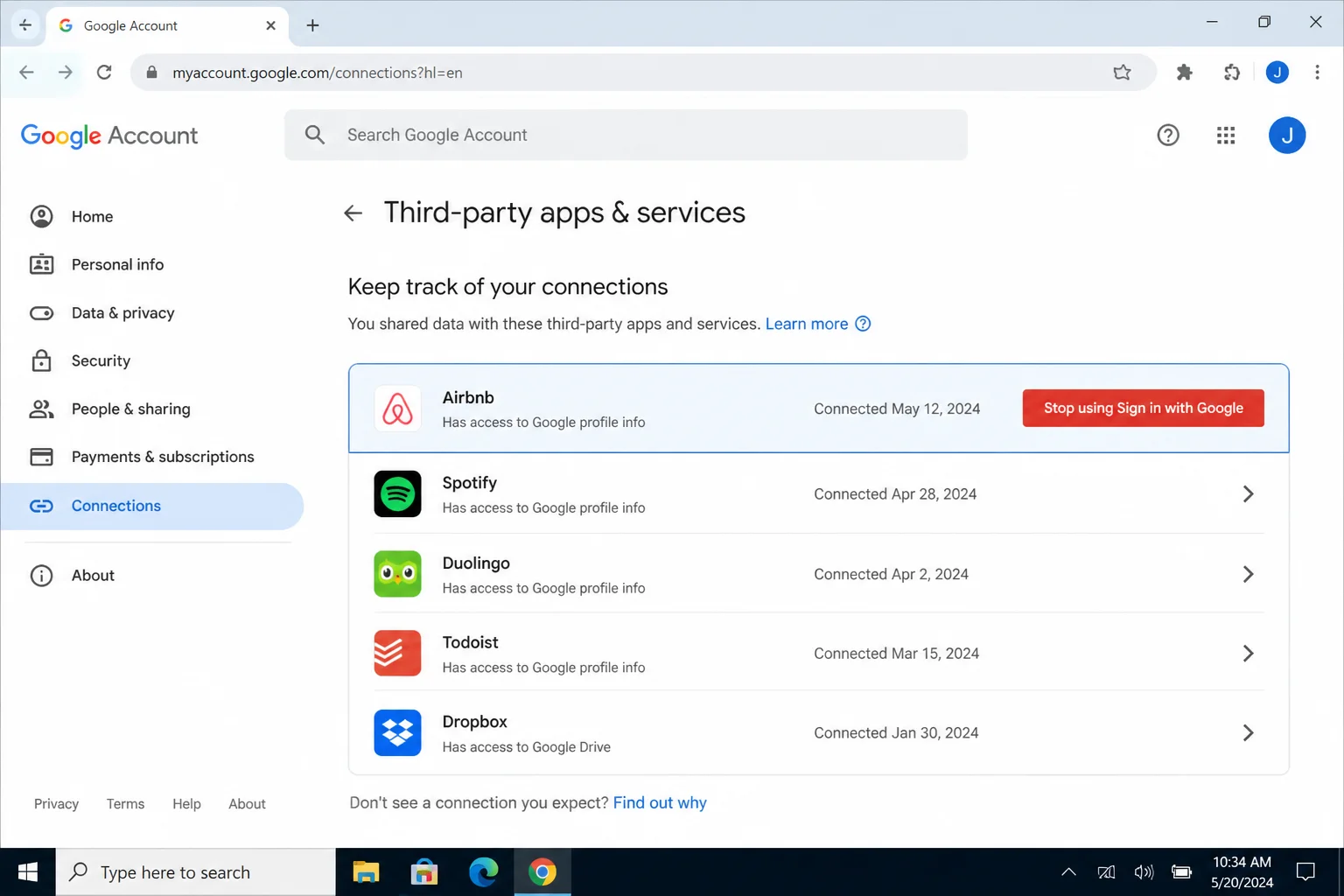 Google Account Connections page showing the "Sign in with Google" tab with a list of connected apps and a "Stop using Sign