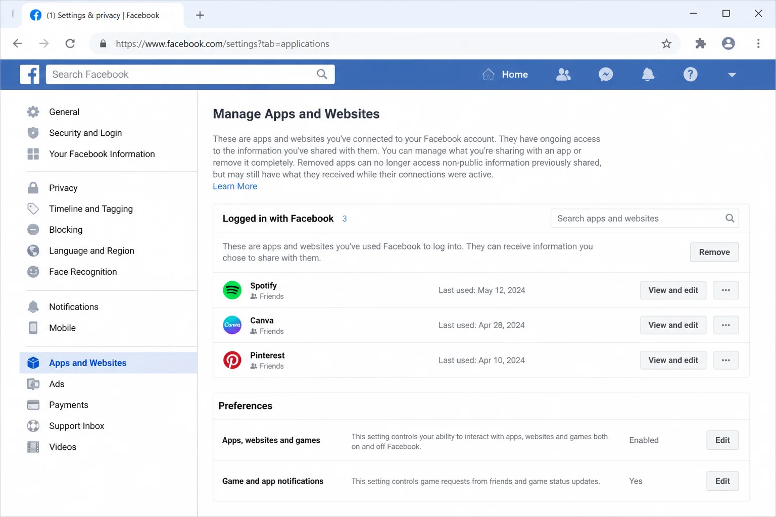 Facebook Settings page with the left-hand navigation menu visible and "Apps and websites" option highlighted