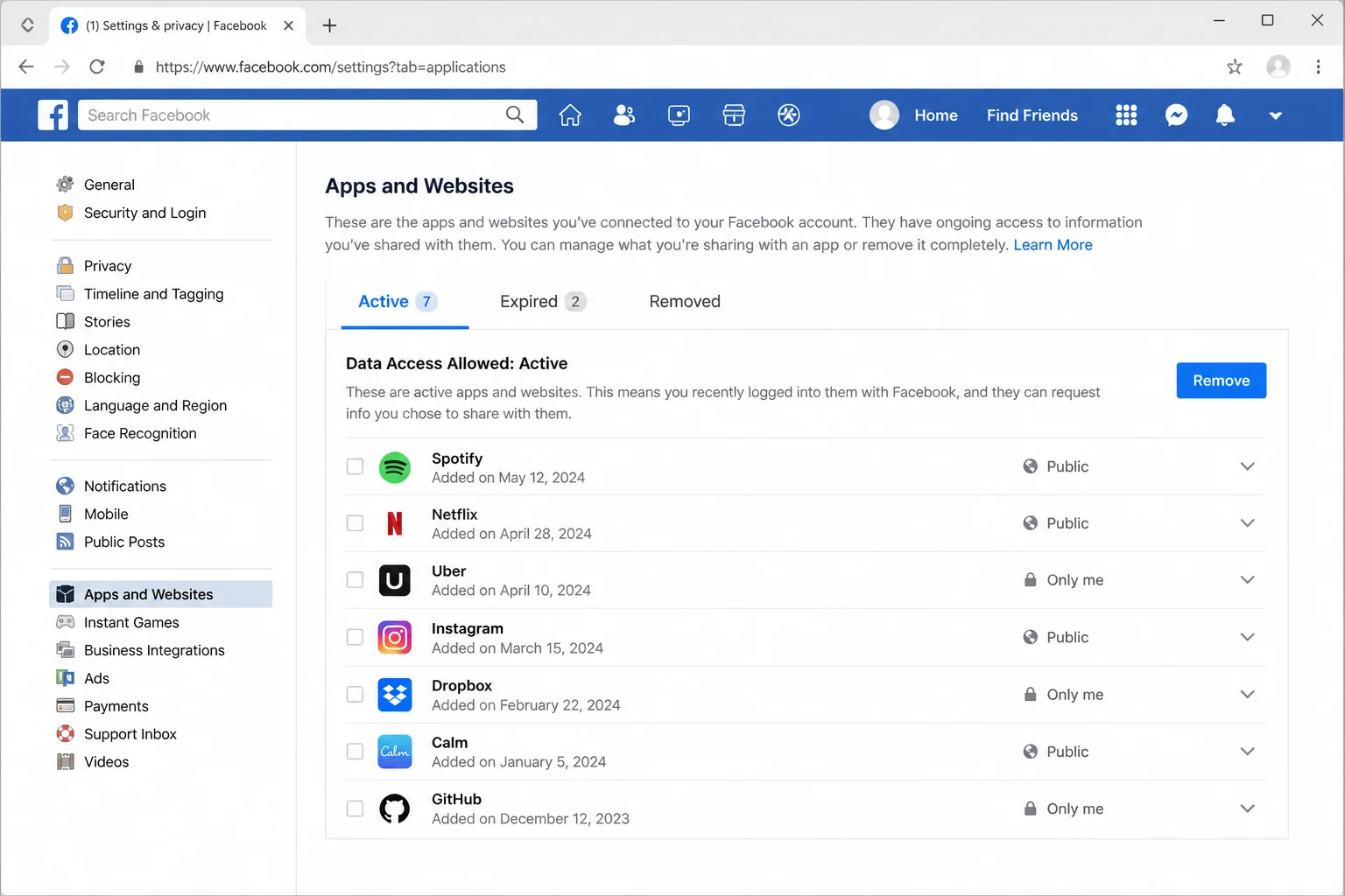 Facebook Apps and Websites settings page showing the Active tab with a list of connected apps, checkboxes next to each, and