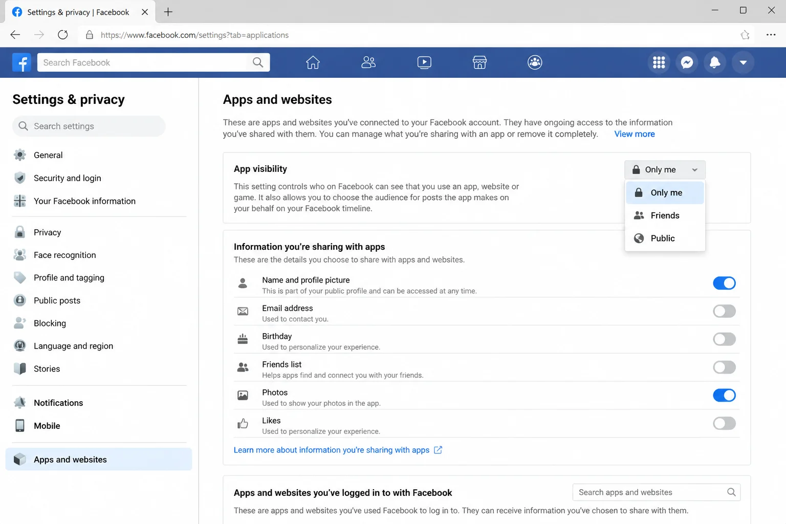 Facebook individual app settings detail page showing the App visibility dropdown set to "Only me" and a list of personal