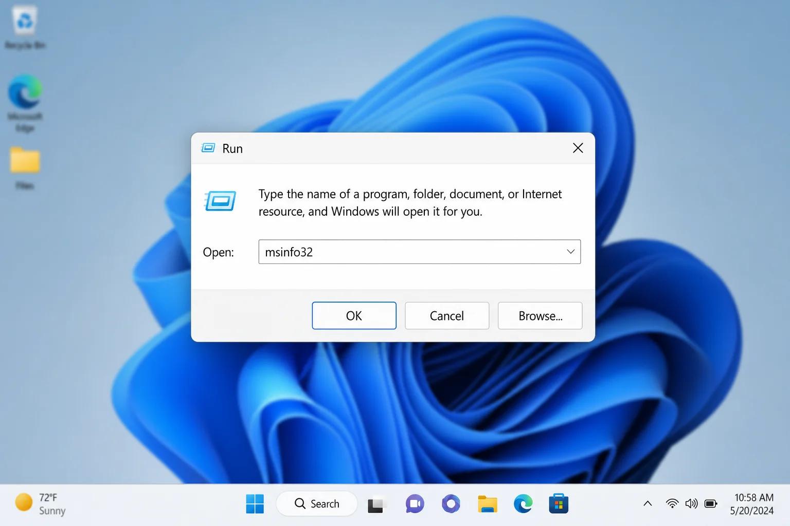 Windows Run dialog box with msinfo32 typed in the text field