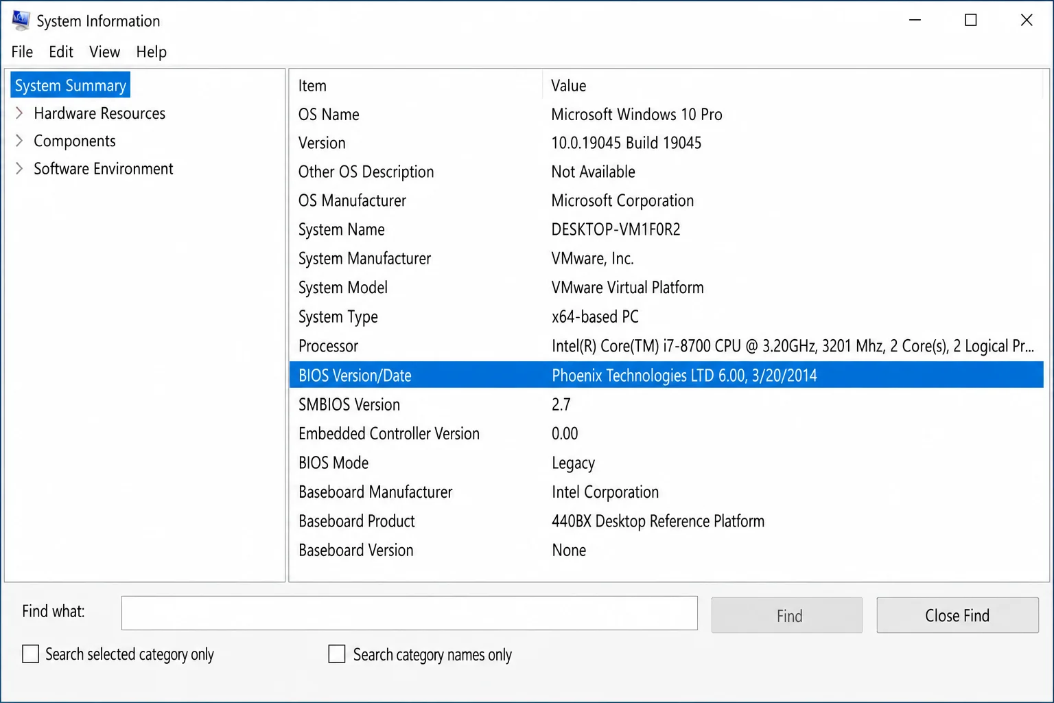 Windows System Information window showing System Summary with BIOS Version/Date entry highlighted