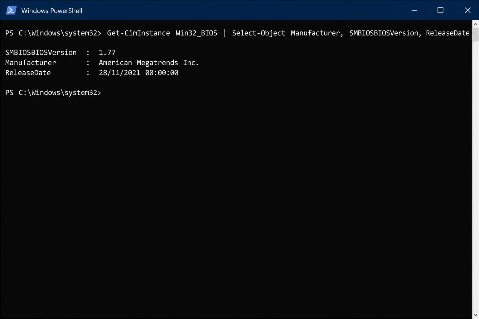 PowerShell window showing Get-CimInstance Win32_BIOS command with SMBIOSBIOSVersion, Manufacturer, and ReleaseDate results