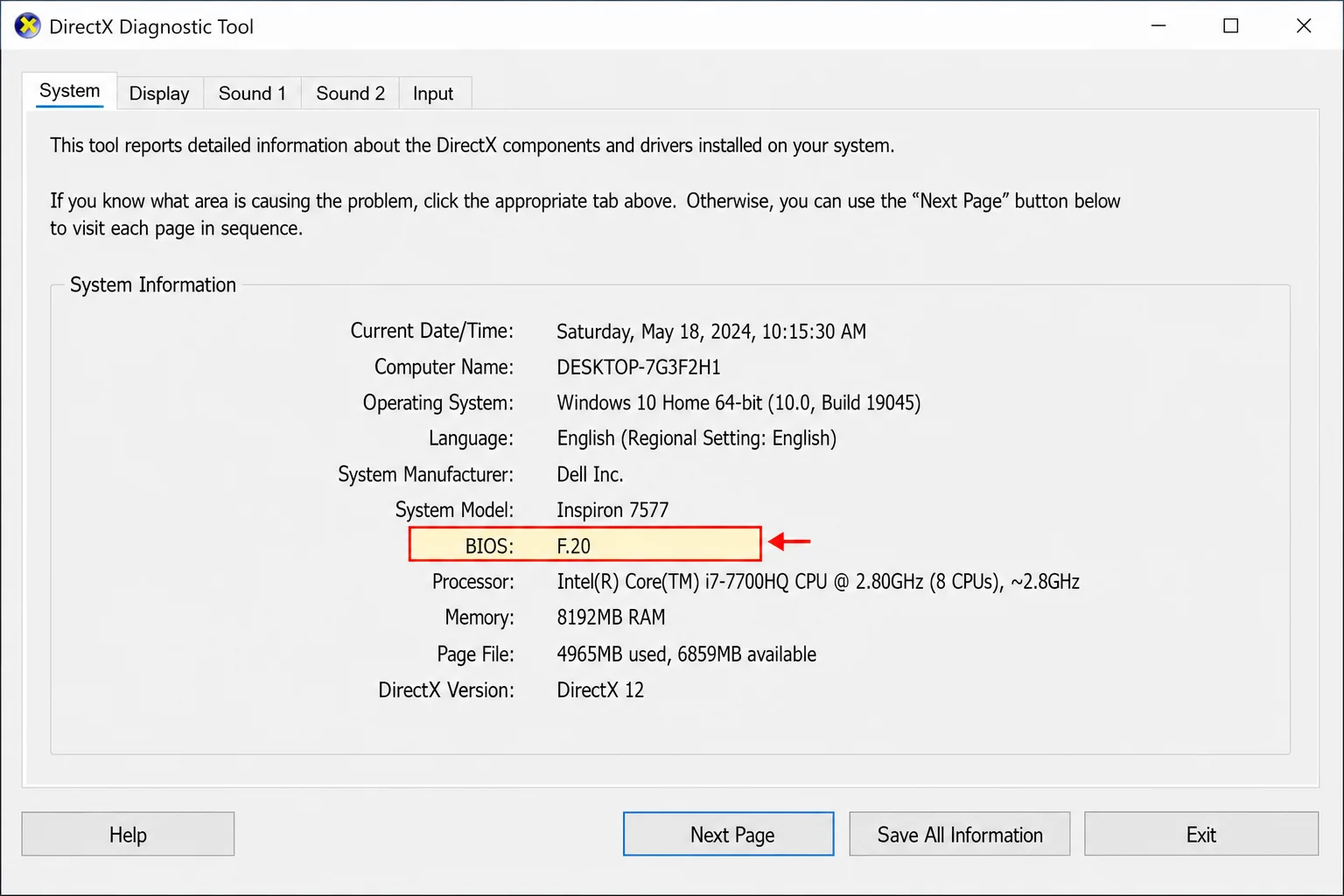 DirectX Diagnostic Tool System tab with BIOS field visible showing version information