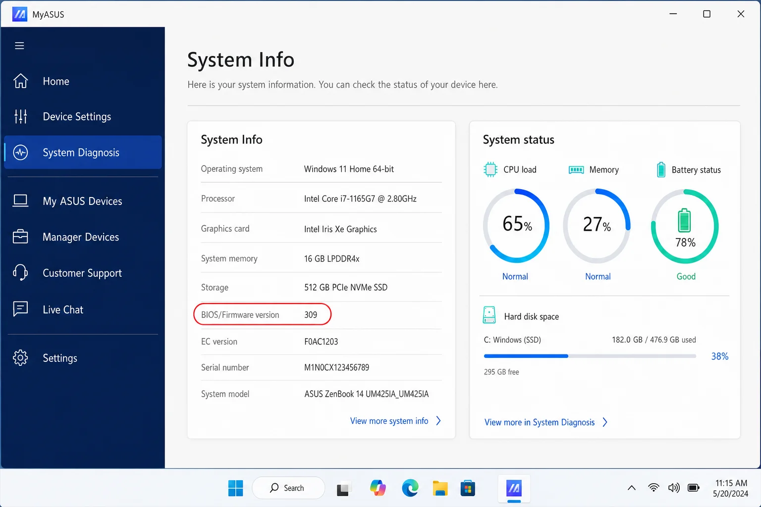 MyASUS app showing System Info page with BIOS/Firmware version displayed