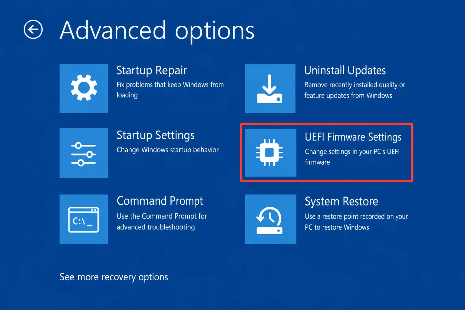 Windows 11 Advanced Options screen showing UEFI Firmware Settings option highlighted